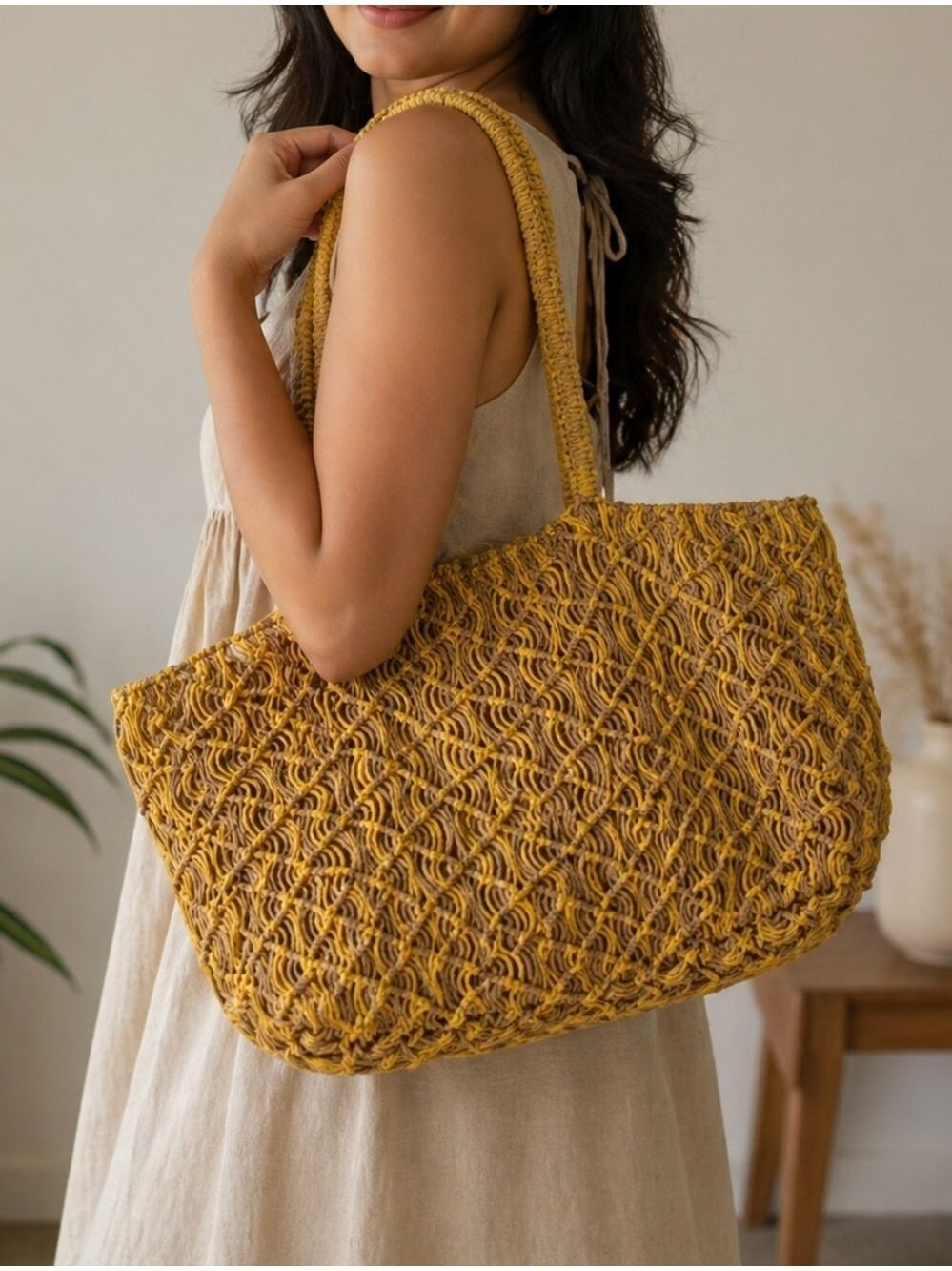 Zara Mustard Woven Tote Bag Large Boho Crochet Knit Shoulder Bag Lined Beach